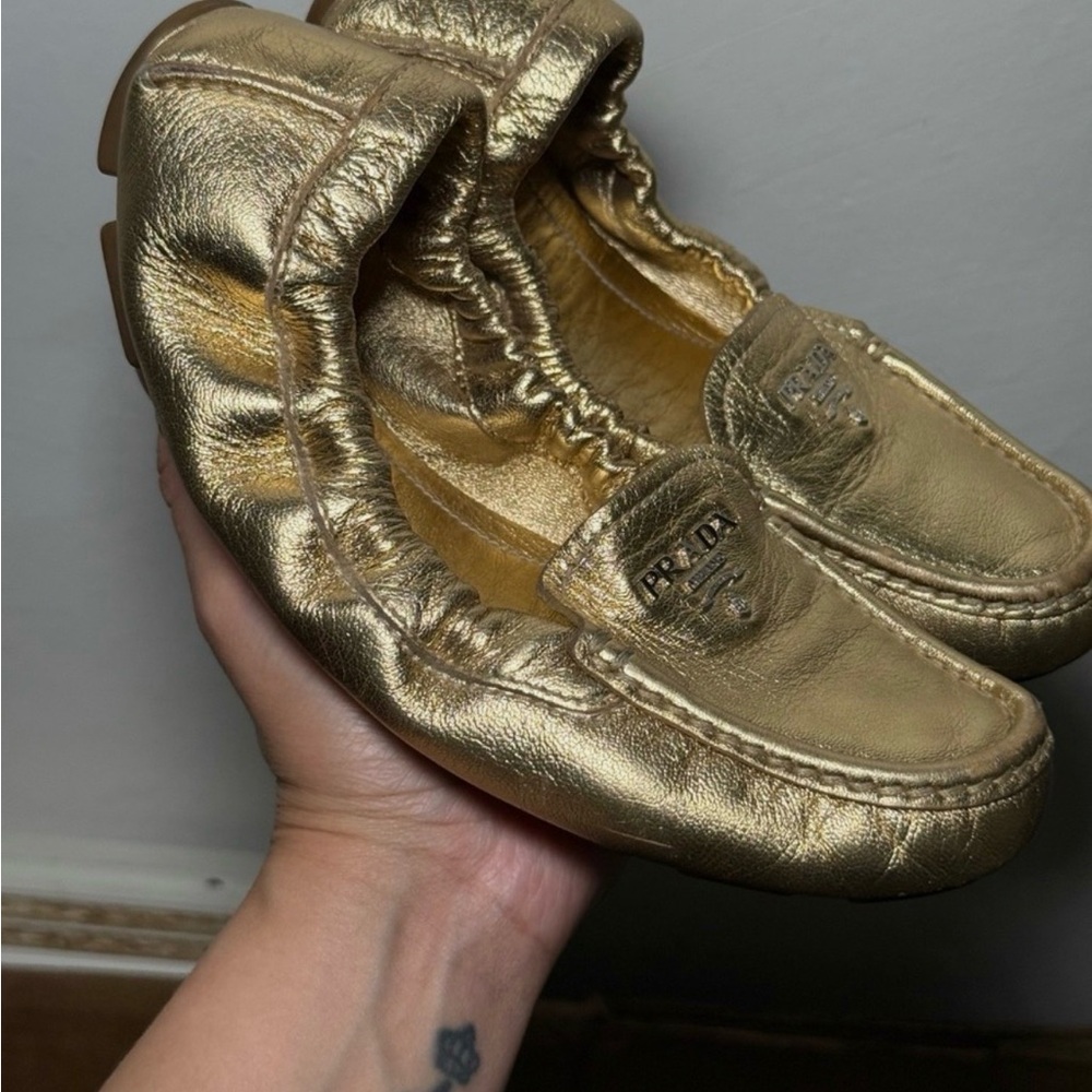 Prada Metallic Gold Loafers